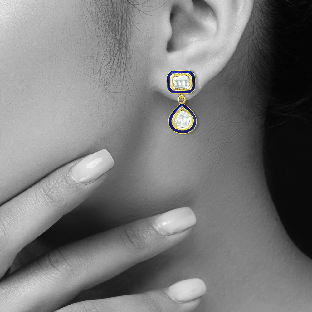 Square and Teardrop Polki Earrings with Blue Meena